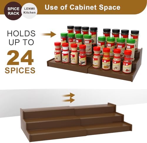Lenwi Spice Rack Organizer for Cabinet, 3 Tier Expandable Bamboo Spice Storage for Kitchen Cupboard Pantry, Brown