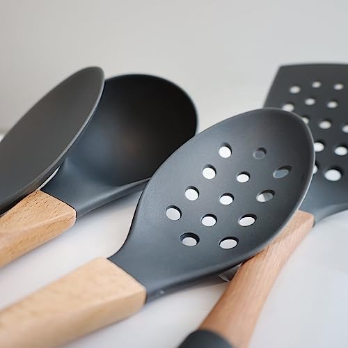 Beille Grey Nylon Slotted Spoon with Wooden Handle Kitchen Utensils High Heat Resistance, 13 Inch