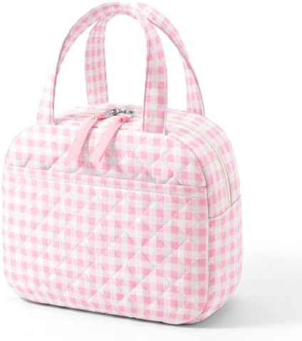 WOBAGMEN Quilted Lunch Box for Women,Coquette Aesthetic Lunch Box,Cute Pink Gingham Lunch Bags for Work,Office,Picnic,Travel(Pink Gingham)