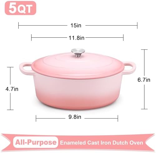 E-far 5QT Oval Dutch Oven Pot with Lid, Pink Enameled Cast Iron Dutch Oven