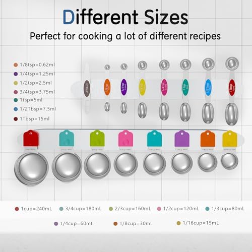 Stainless Steel Magnetic Measuring Cups and Spoons Set, 6 Nesting Magnetic Measuring Cup, 7 Magnetic Measuring Spoons, 1 Leveler for Liquid & Dry