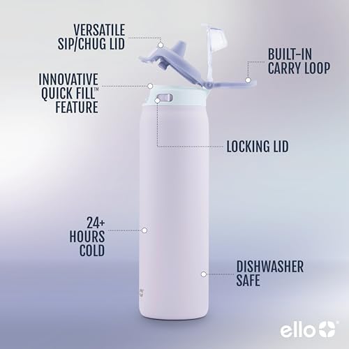 Ello Pop & Fill Insulated Stainless Steel Water Bottle with Quick Fill Lid, Leakproof Locking, Sip or Chug Spout, BPA-Free, Double Wall Vacuum Insulated for Sports, Travel & School- 22oz / 32oz / 40oz