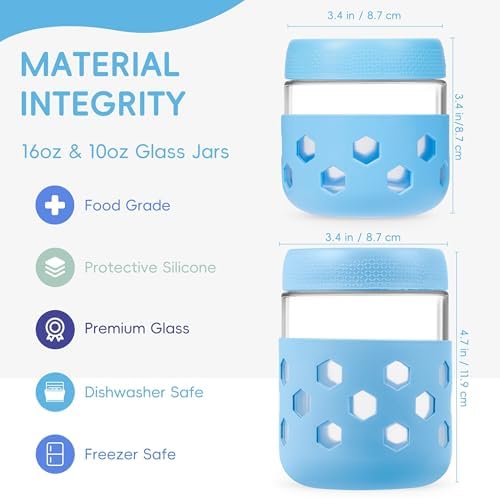Gemice 8-Pack 16 oz & 10 oz Glass Mason Jars with Silicone Sleeves, Airtight BPA-Free Overnight Oats Containers with Lids, Dishwasher Safe Leak-Proof Meal Prep Jars for Chia Pudding, Yogurt, Snacks