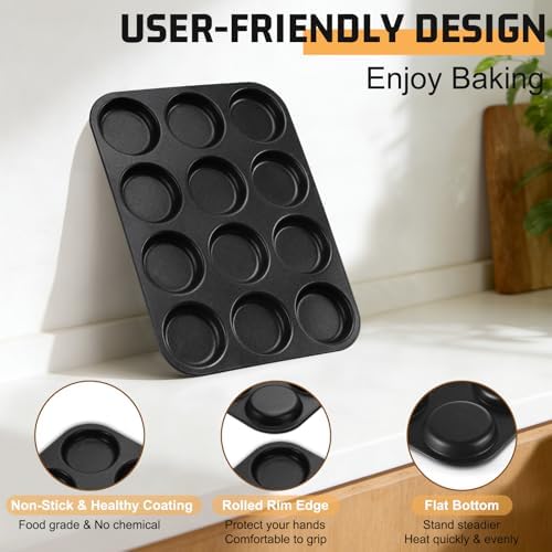 E-far 2 Pack Muffin Top Pan, 12-Cavity Nonstick Shallow Cupcake Pan