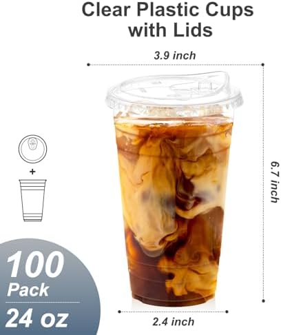 Dealusy 100 Pack - 24 oz Clear Plastic Cups with Sip Lids