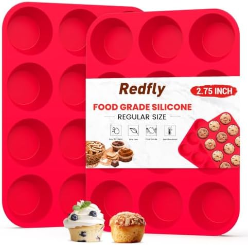 Redfly 2 Pack Silicone Muffin Pans for Baking & Cupcake Pan - 12 Cup Regular Size Silicone Molds, BPA Free Egg Bites Mold