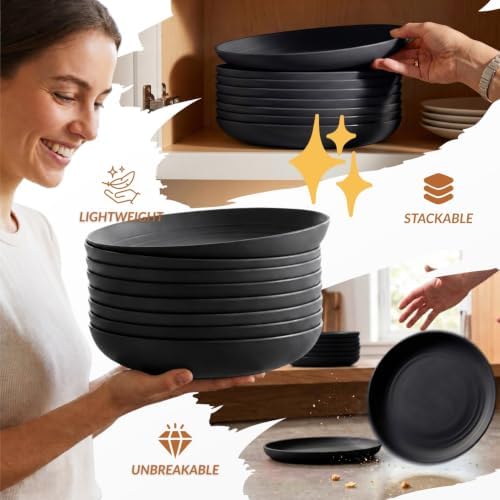 Homienly Wheat Straw Plates Set - 11 inch Reusable Large Dinner Plates Set of 8, Lightweight Unbreakable Salad Plates, Microwave and Dishwasher Safe Plates, Deep Plates for Dinner, Camping - Black
