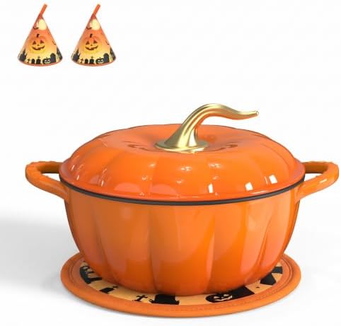 ROVSUN Pumpkin Dutch Oven Pot with Lid – Enameled Cast Iron Pumpkin Shaped Pot with Gold Stem Knob, Matching Halloween Trivet & Oven Mitts, Fall Cookware for Soup, Stew & Braising, Orange, 5QT