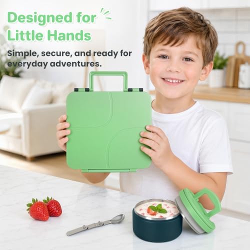 Bento Lunch Box for Kids with 8oz Soup Thermo,Kids Leakproof Lunch Food Containers with 4 Compartment,Kid Insulated Thermo Hot Food Jar for School,Trvael-Green