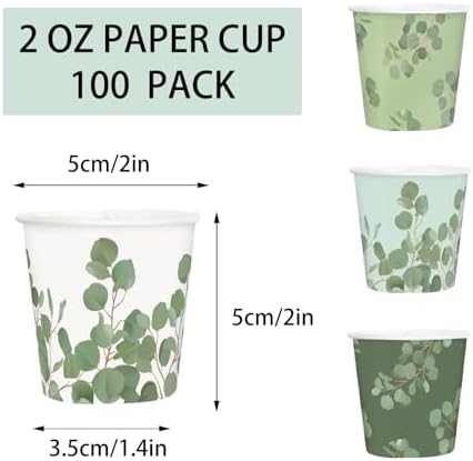 RUSPEPA 2 oz Bathroom Cups, Disposable Paper Cups - 100 Pack Set Eucalyptus Design Printed - Mini Mouthwash Rinse Paper Cups for Home, Bathroom, Picnic, Party, and Events