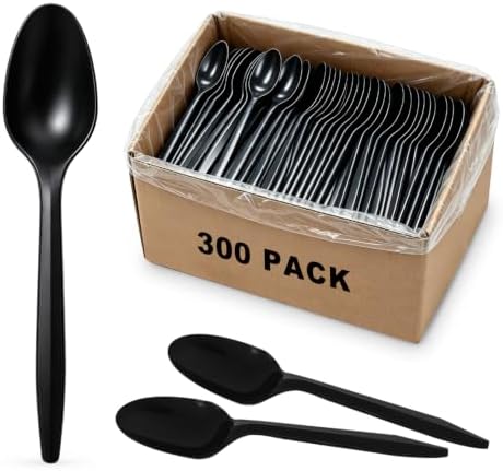 CXPSINC 300 Pack Plastic Spoons Disposable, Individually Wrapped Heavy Duty Cutlery Bulk, Sturdy Polypropylene Spoons for Restaurants, Takeout, Cafeterias, Parties (300 Pack-Black-Spoon)