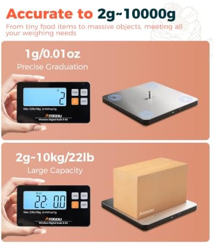 Atogou Wireless Kitchen Scale, 22lb/10kg Food Scale with Detachable Display