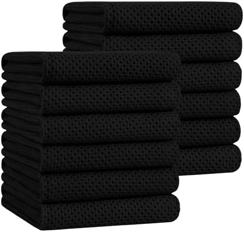 Homaxy 100% Cotton Oversized Waffle Weave Kitchen Towels 12-Pack, Black