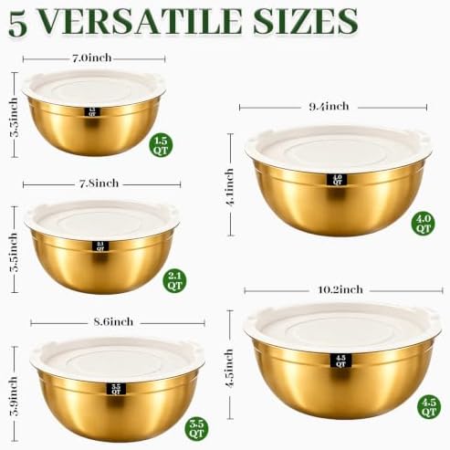 5-Piece Gold Stainless Steel Mixing Bowls with White Lids, Nesting Mixing Bowl Set in 1.5, 2.1, 3.5, 4 and 4.5 QT Sizes for Baking, Cooking, Meal Prep, Salad, Everyday Kitchen Use and Food Prep