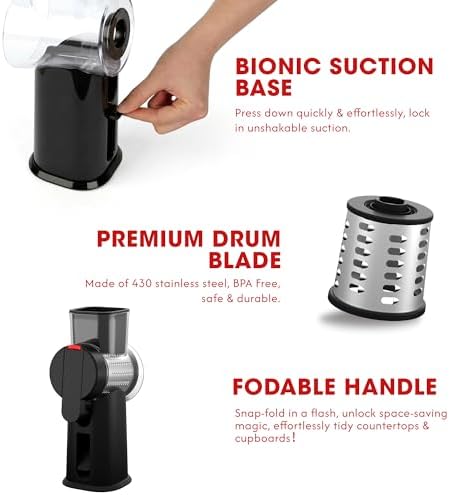 Rotary Cheese Grater Hand Crank with Foldable Handle, Three Blades