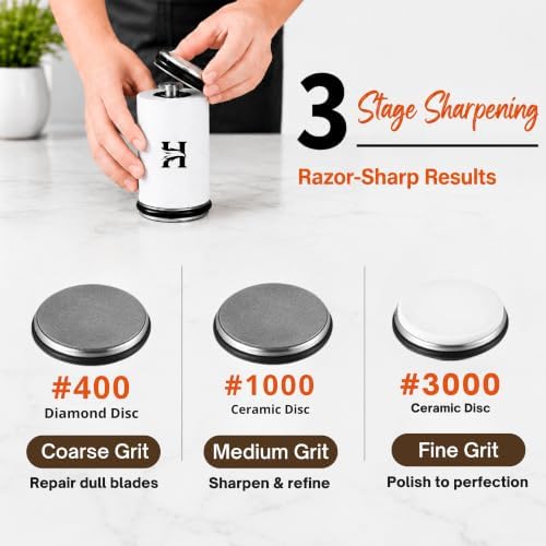High Carbon Stainless Steel Rolling Knife Sharpener with 400, 1000 & 3000 Replacement Discs - Blunt Knife Sharpening Kit with 15 and 20 Degree Sharpening for Kitchen & Chef's Knives (White)