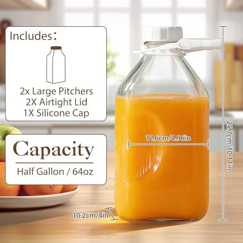 CUCUMI 2 Pack 64 Oz Glass Milk Bottle with Lid