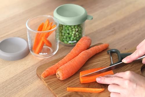 BEABA 2 Pack Glass Baby Food Jars with Soft Silicone Air Tight Lids, 8 oz Glass Storage Containers with Lids, Microwave and Freezer Safe Containers, Sage