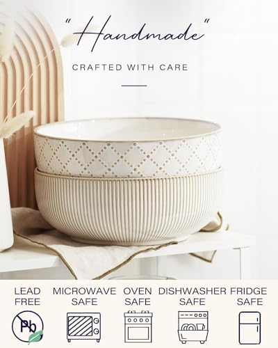 getstar Large Serving Bowls (9.5 inch & 92 fl oz), Ceramic Salad Bowl Set of 2, Microwave and Dishwasher Safe (Embossed Stripes)