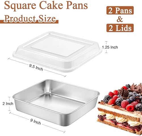 LIANYU 9 x 9 Baking Pan with Lid Set, 4 Pack Stainless Steel Cake Pans