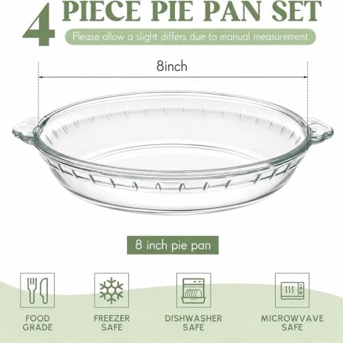 Uiifan 4 Pcs Mini Glass Pie Pan 8 Inches, Clear Baking Dish with Handles