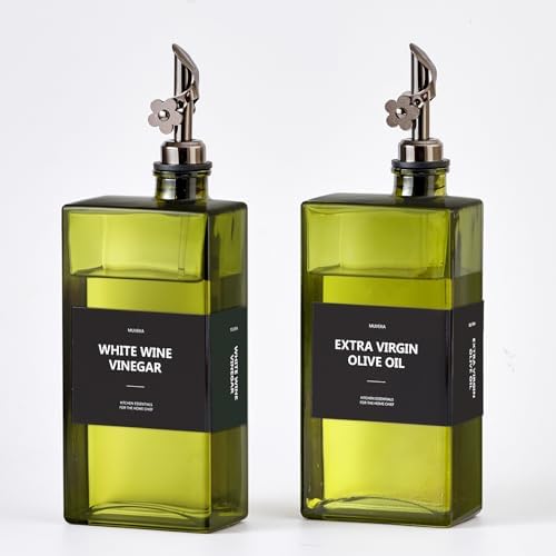 Olive Oil Dispenser Bottle for Kitchen, 16.9oz /500ml Cooking Vinegar Dispenser Bottle Set, Glass Sauce Container, Labels, Brush, Funnel, Stoppers, Green for Oil, Wine