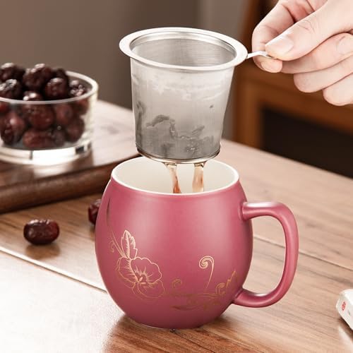 Yundu 12 OZ Ceramic Mug with Lid & Tea Strainer - Matte Purple Tea Cup with Golden Flower, Stainless Steel Infuser for Loose Leaf Tea