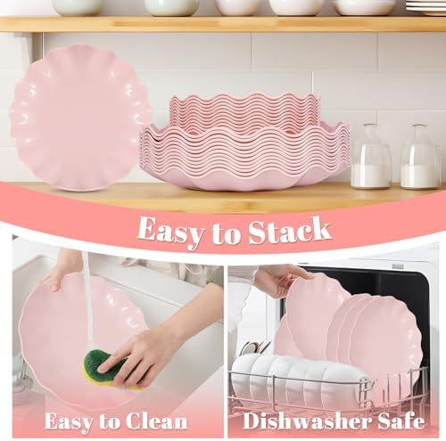 LIYH 50 Pcs Pink Plastic Plates Reusable - Durable and Dishwasher Safe Baby Shower Plates Wavy Daisy Plastic Flower Plate for Party Wedding Birthday Picnics BPA Free (25Guests)
