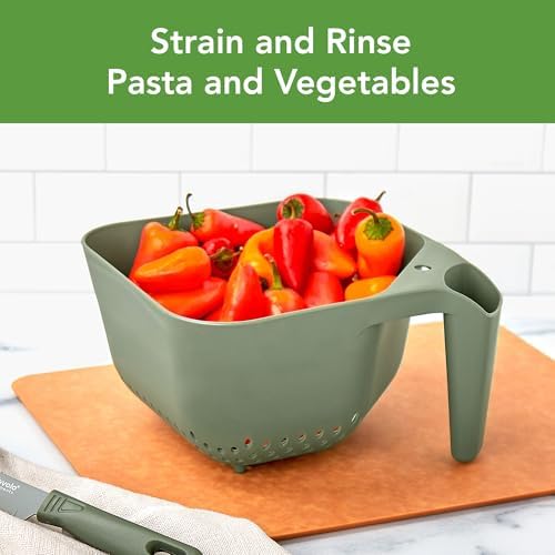 Tovolo Elements Square Colander with Handle Strainer Basket for Pasta Fruit Berries Veggies, Easy to Clean BPA Free Heat Resistant Plastic Colander with Spout 3 Quart Kitchen Strainer, Thyme Green