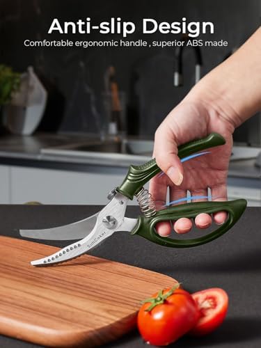 Poultry Shears, Heavy Duty Kitchen Shears With Anti-Slip Handle & Safety Lock, Poultry Scissors for Meat, Chicken, Bone,Turkey, Fish, Spring Loaded, Dishwasher Safe(Olive Green)