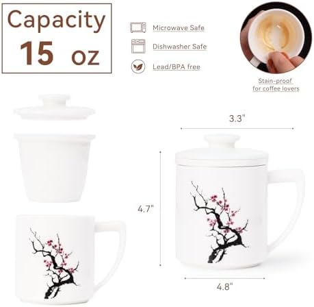 Ceramic Tea Mug with Infuser & Lid - 14oz Loose Leaf Tea Cup with Infuser,Hand-Painted Plum Blossom - Resilience & Elegance,Insulated Ceramic Coffee Mugs with Lid, Gift Set for Women/Men
