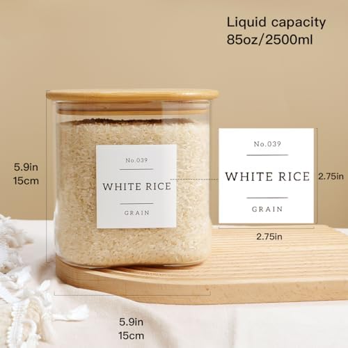 HHMJSM Large Glass Flour and Sugar Containers with 42 Kitchen Pantry Labels - 85 Oz Glass Food Storage Containers with Airtight Lids - Square Glass Jars with Bamboo Lids for Rice, Pasta, Cookies