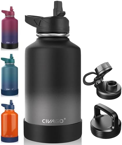 CIVAGO 64 oz Insulated Stainless Steel Water Bottle With Straw and 3 Lids