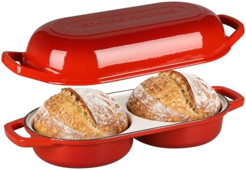EDGING CASTING Enameled Cast Iron Double Bread Dutch Oven, Red