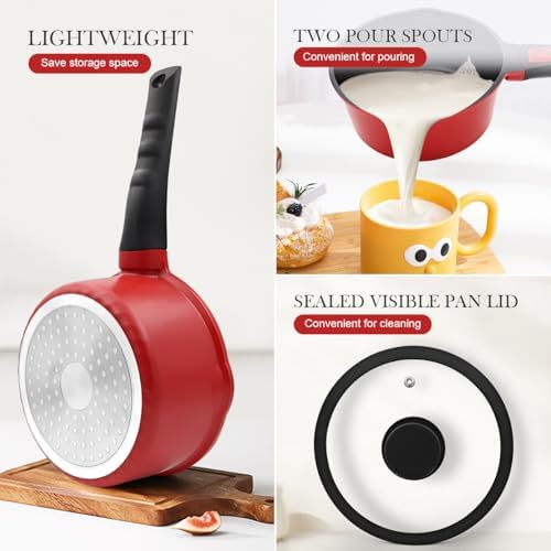 2.5 Qt Non Stick Sauce Pan with Lid, Nonstick Sauce Pot & Saucepan with Pour Spout, Milk Pan Pasta Pot, Mini Cooking Pot Induction Compatible, Detachable Handle, Oven Safe, PFOA Free, Red