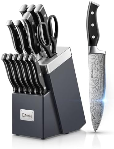 Knife Set, D.Perlla Kitchen Knife Set with Advanced Self-Sharpening Technology, 14 Piece Waved Texture Knife Set with Block, High Carbon Stainless Steel Knife Block Set, Razor-Sharp, Full Tang Handle