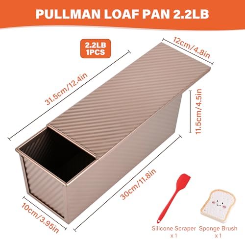 Pullman Loaf Pan with Lid 13x4 Inch, 2.2lb Dough Capacity for Homemade Bread, Non-stick Corrugated Carbon Steel Bread Toast Box with Cover for Bakeware, Sandwich & Toast Oven Baking, Gold