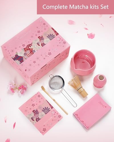 ZENS Premium Matcha Whisk Set, 6pcs Matcha Kit with Matcha Tools, Pink