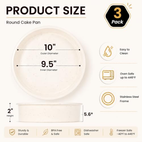 Vinino 10 Inch Silicone Cake Pan, 3 Pack Round Baking Mold with Metal Frame