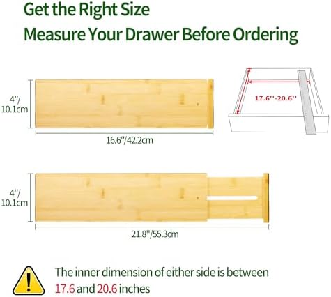VaeFae 6 Pack Bamboo Drawer Dividers, 4" High Adjustable 16.6" - 21.8" Clothes Drawer Organizers, Expandable Separators for Bedroom/Bathroom/Kitchen/Office Storage