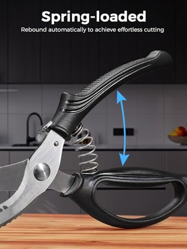 Poultry Shears, Heavy Duty Kitchen Shears With Anti-Slip Handle & Safety Lock, Poultry Scissors for Meat, Chicken, Bone,Turkey, Fish, Spring Loaded, Dishwasher Safe