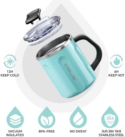 Ideus 16 oz Insulated Coffee Mug with Lid and Handle (Sky Blue, FUJI FLOW)