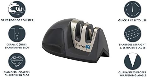 KitchenIQ 50825 | Diamond Deluxe Edge Grip 2-Stage Knife Sharpener | Black | Coarse & Fine Sharpeners | Compact for Easy Storage | Non-Slip Base | Soft Grip Rubber Handle | Straight & Serrated Knives