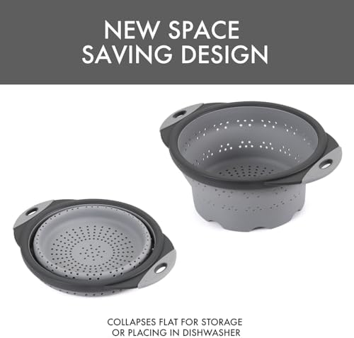 Dexas 8" Collapsible Silicone Colander in Cool Grey, Kitchen Strainer with Handles, 7.2 Cup Capacity | BPA-Free, Heat-Resistant, Space-Saving Kitchen Tool