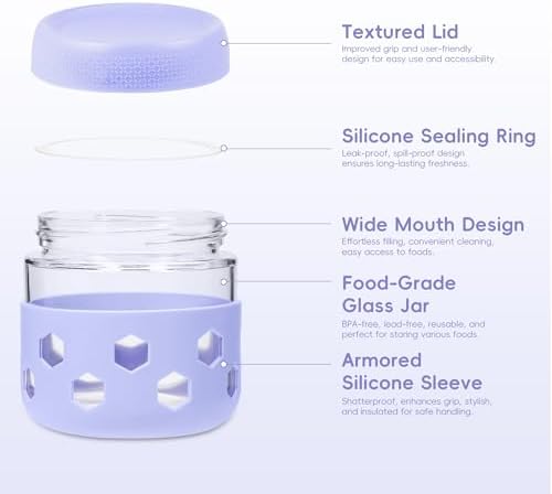 Gemice 6-Pack 10oz Glass Mason Jars with Silicone Sleeves, Airtight BPA-Free Overnight Oats Containers with Lids, Dishwasher Safe Leak-Proof Meal Prep Jars for Chia Pudding, Yogurt, Snacks