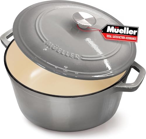MUELLER HOME 7.5 QT Enameled Cast Iron Dutch Oven, Heavy-Duty, Oven-Safe up to 500° F & Across All Cooktops, Casserole Dish and Braiser Pan with Lid and Stainless Knob, Grey