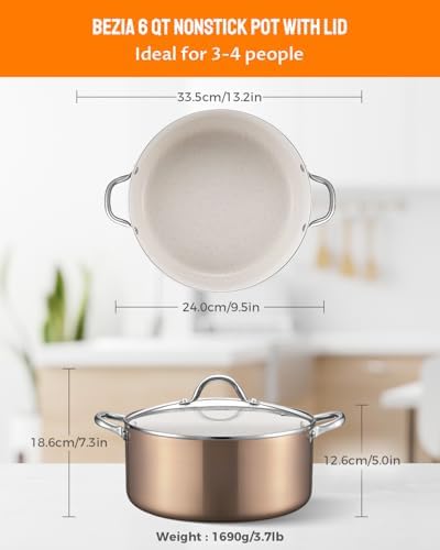 BEZIA 6 Quart Nonstick Stock Pot with Lid, Induction Compatible Cooking Pot
