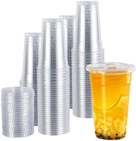 TashiBox plastic cups with lids [24 oz 100cups&100flat lids],Clear Crystal disposable plastic cups,smoothie cups