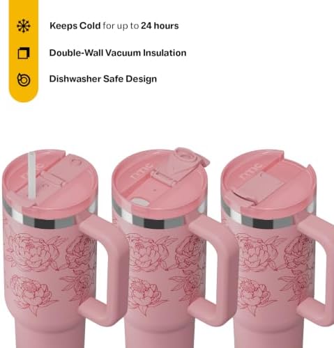 RTIC 40oz Road Trip Tumbler, Insulated, Ceramic Lined, Pink Peonies