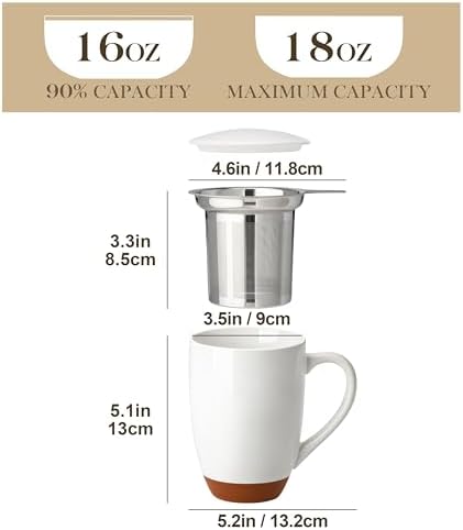 MALACASA Ceramic 18 oz Tea Mug with Lid and Infuser, Khaki White